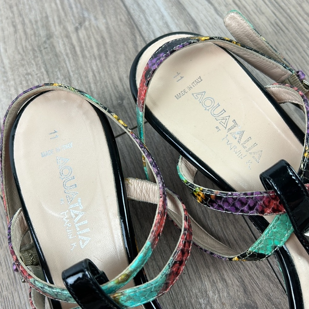 Aquatalia multi color snakeskin and black patent low wedge Sandals 11 - Picture 3 of 8